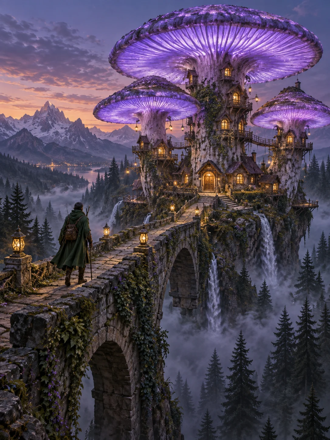 Glowing mushroom forest and a distant castle