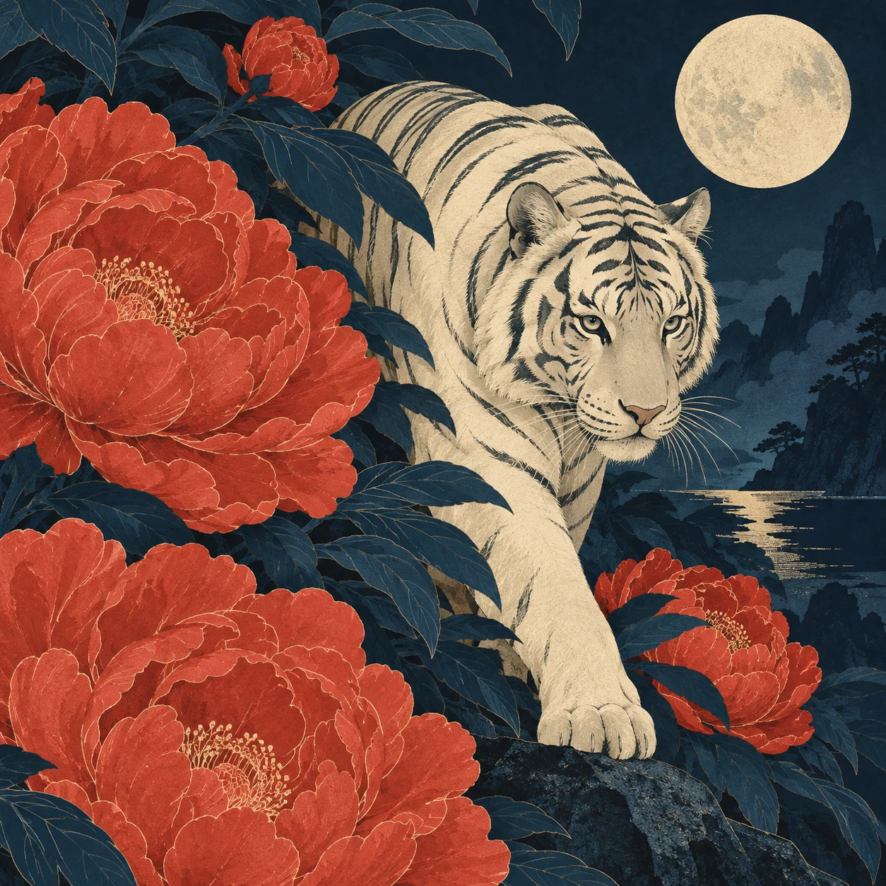 A tiger among pink peonies