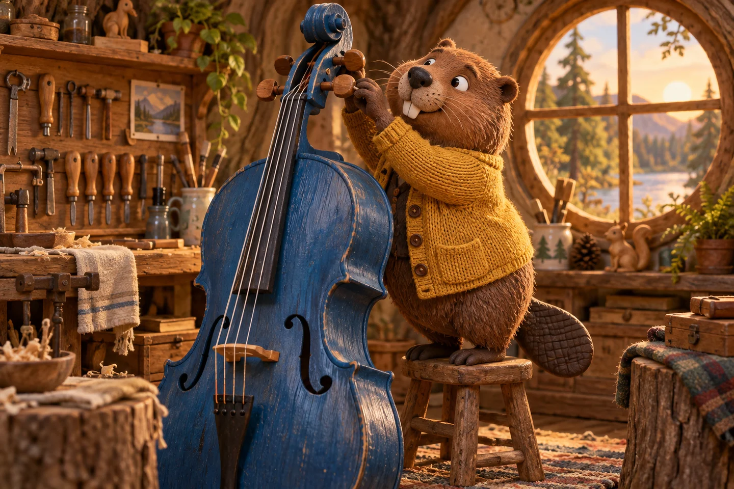 A teddy bear playing the cello