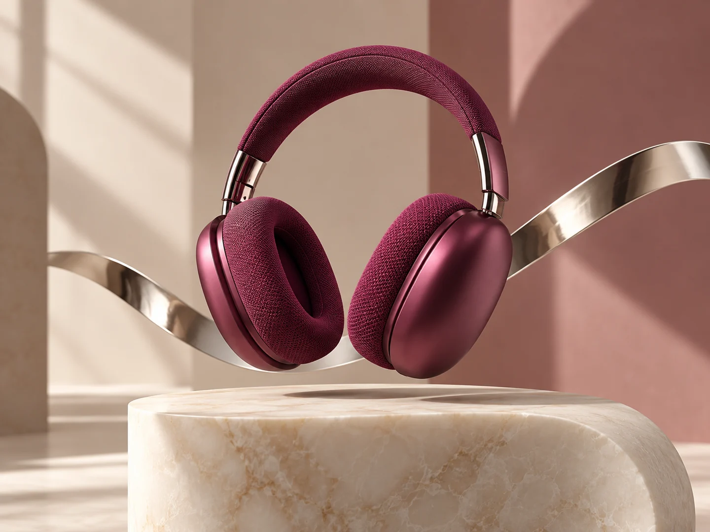 Purple and pink headphones on a stone pedestal