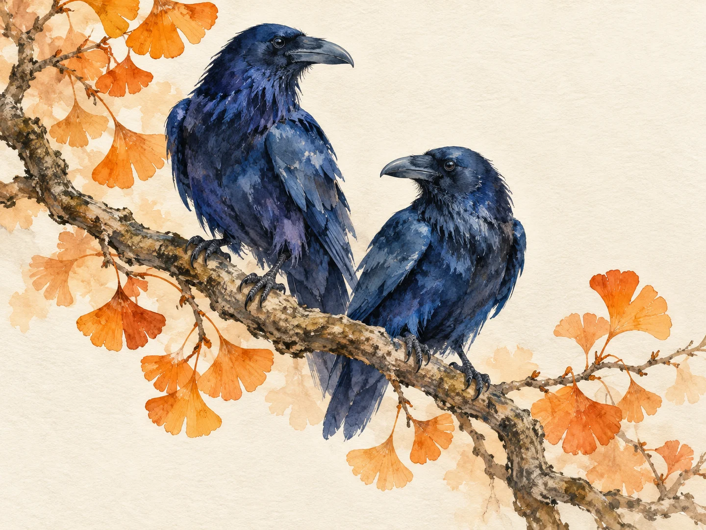 Two blue birds among golden leaves